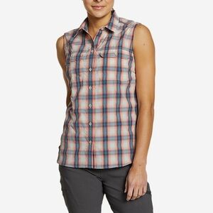 Eddie Bauer women’s button down sleeveless top large lightweight plaid pockets